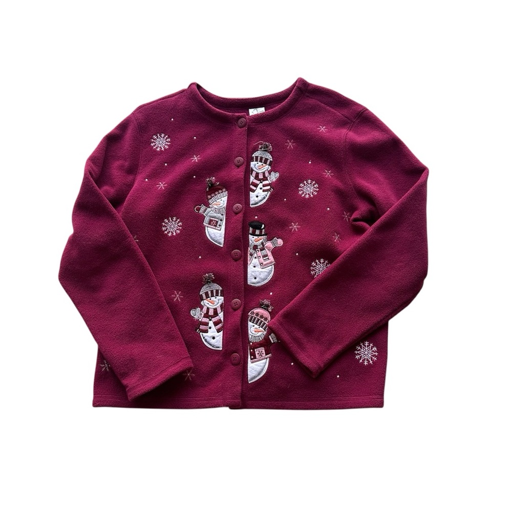 Vintage‎ Snowman Christmas Button Up Fleece Cardigan Burgundy Size Large